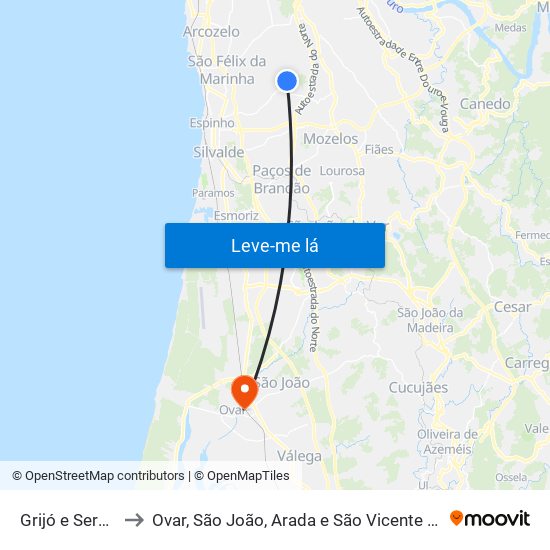 Grijó e Sermonde to Ovar, São João, Arada e São Vicente de Pereira Jusã map