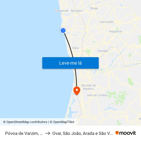 Póvoa de Varzim, Beiriz e Argivai to Ovar, São João, Arada e São Vicente de Pereira Jusã map