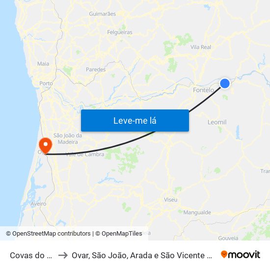 Covas do Douro to Ovar, São João, Arada e São Vicente de Pereira Jusã map