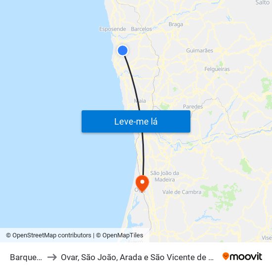 Barqueiros to Ovar, São João, Arada e São Vicente de Pereira Jusã map