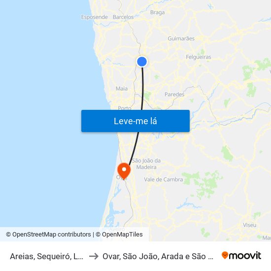Areias, Sequeiró, Lama e Palmeira to Ovar, São João, Arada e São Vicente de Pereira Jusã map