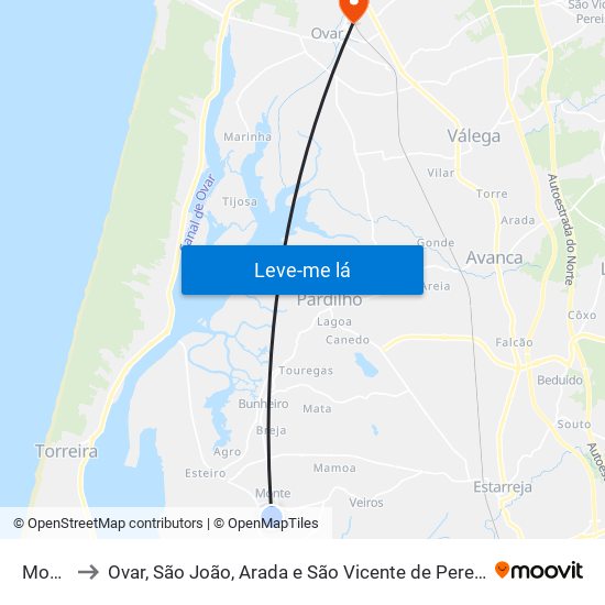 Monte to Ovar, São João, Arada e São Vicente de Pereira Jusã map