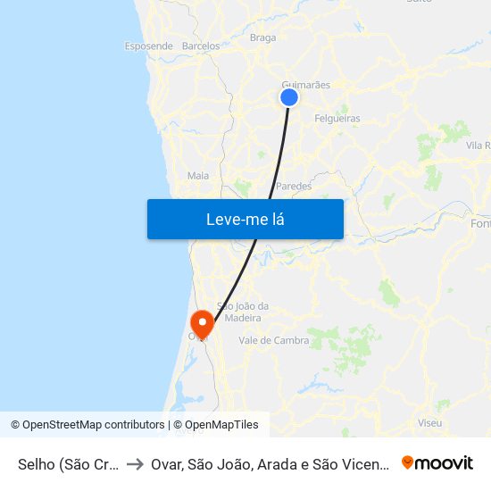 Selho (São Cristóvão) to Ovar, São João, Arada e São Vicente de Pereira Jusã map