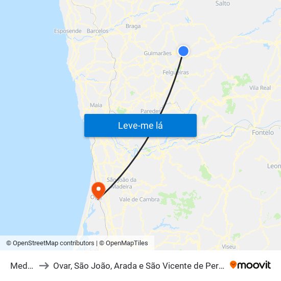 Medelo to Ovar, São João, Arada e São Vicente de Pereira Jusã map