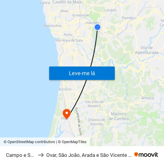 Campo e Sobrado to Ovar, São João, Arada e São Vicente de Pereira Jusã map