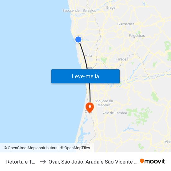 Retorta e Tougues to Ovar, São João, Arada e São Vicente de Pereira Jusã map