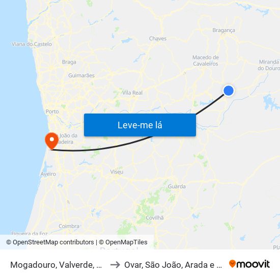 Mogadouro, Valverde, Vale de Porco e Vilar de Rei to Ovar, São João, Arada e São Vicente de Pereira Jusã map