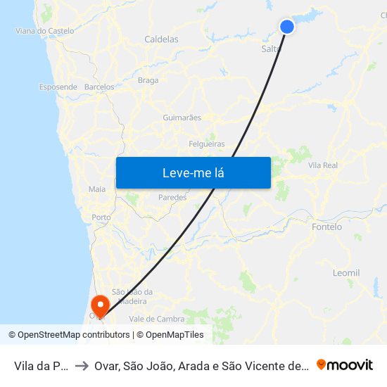 Vila da Ponte to Ovar, São João, Arada e São Vicente de Pereira Jusã map