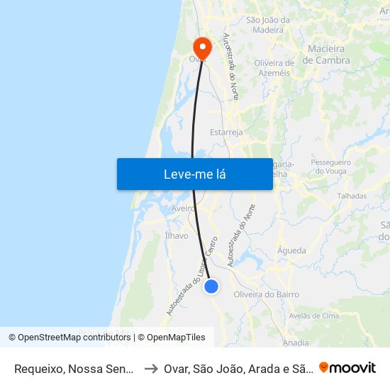 Requeixo, Nossa Senhora de Fátima e Nariz to Ovar, São João, Arada e São Vicente de Pereira Jusã map