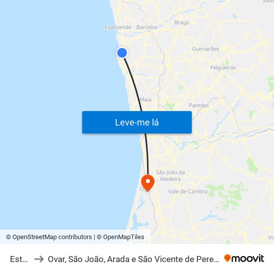 Estela to Ovar, São João, Arada e São Vicente de Pereira Jusã map