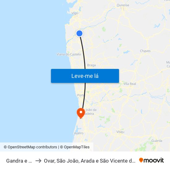 Gandra e Taião to Ovar, São João, Arada e São Vicente de Pereira Jusã map
