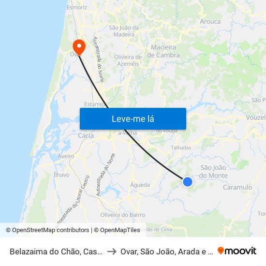 Belazaima do Chão, Castanheira do Vouga e Agadão to Ovar, São João, Arada e São Vicente de Pereira Jusã map