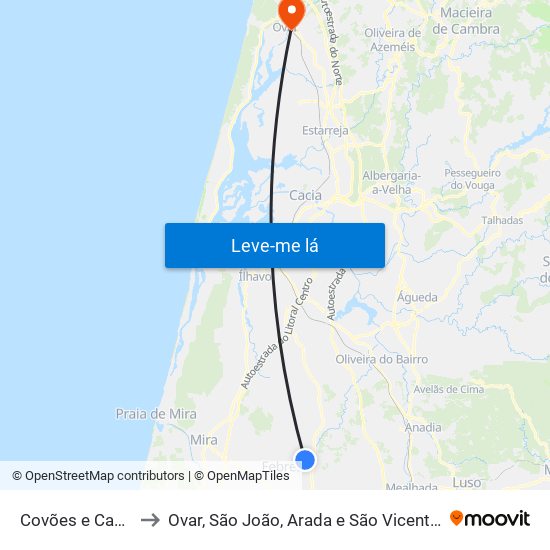Covões e Camarneira to Ovar, São João, Arada e São Vicente de Pereira Jusã map