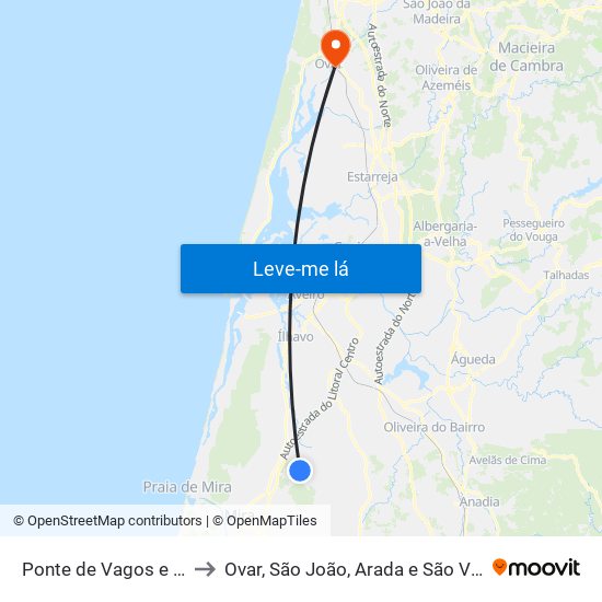 Ponte de Vagos e Santa Catarina to Ovar, São João, Arada e São Vicente de Pereira Jusã map