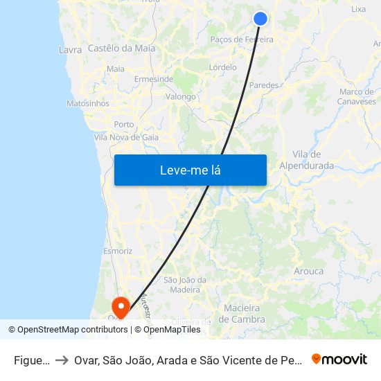 Figueiró to Ovar, São João, Arada e São Vicente de Pereira Jusã map