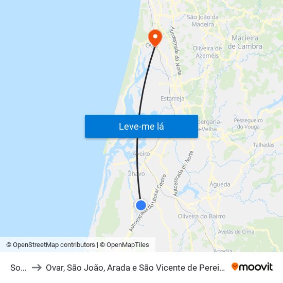 Sosa to Ovar, São João, Arada e São Vicente de Pereira Jusã map