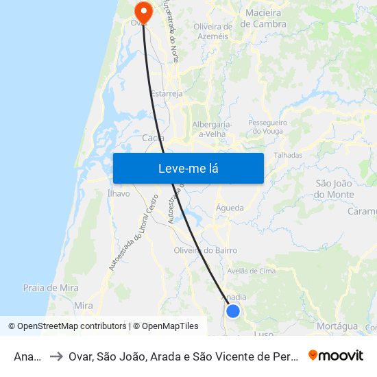 Anadia to Ovar, São João, Arada e São Vicente de Pereira Jusã map