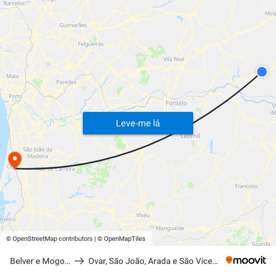 Belver e Mogo de Malta to Ovar, São João, Arada e São Vicente de Pereira Jusã map