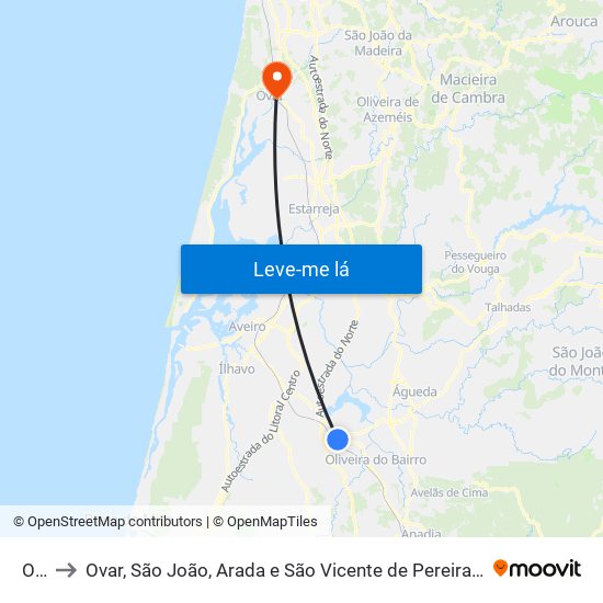 Oiã to Ovar, São João, Arada e São Vicente de Pereira Jusã map