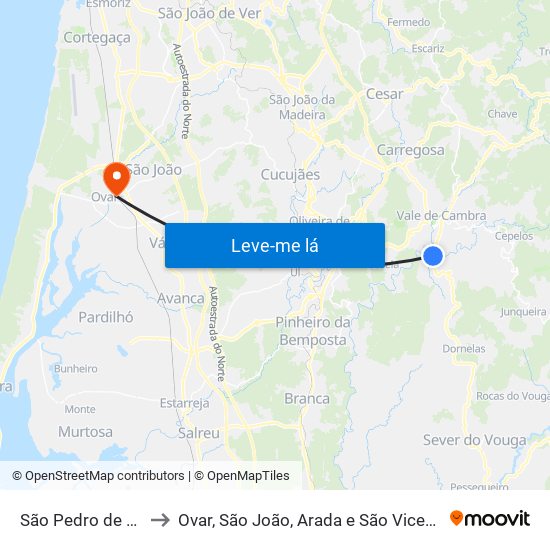 São Pedro de Castelões to Ovar, São João, Arada e São Vicente de Pereira Jusã map