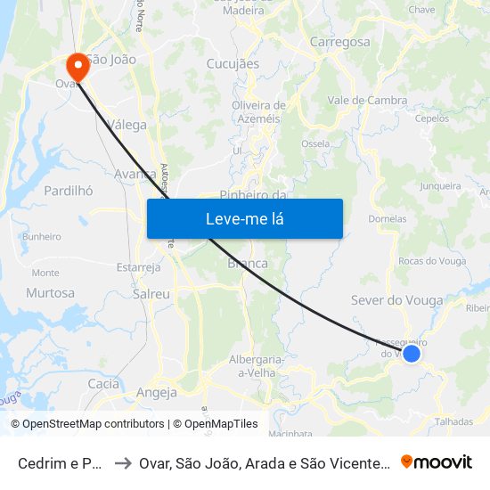 Cedrim e Paradela to Ovar, São João, Arada e São Vicente de Pereira Jusã map