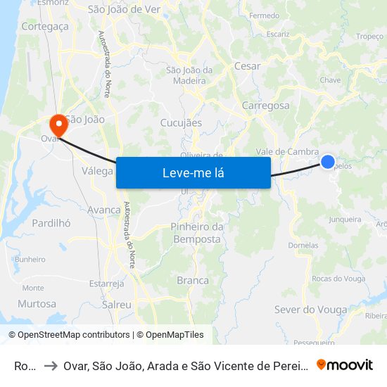 Roge to Ovar, São João, Arada e São Vicente de Pereira Jusã map