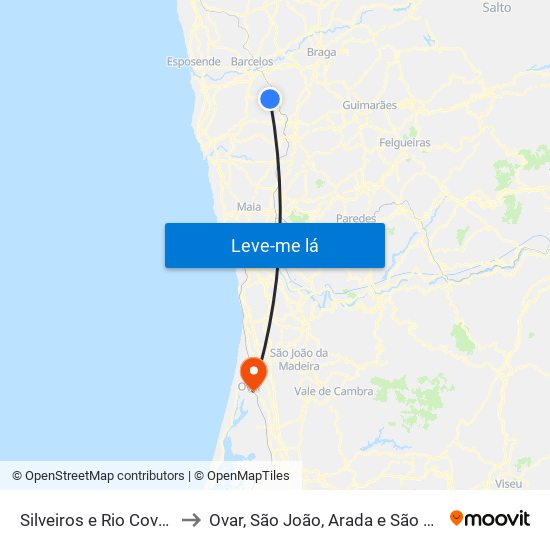 Silveiros e Rio Covo (Santa Eulália) to Ovar, São João, Arada e São Vicente de Pereira Jusã map