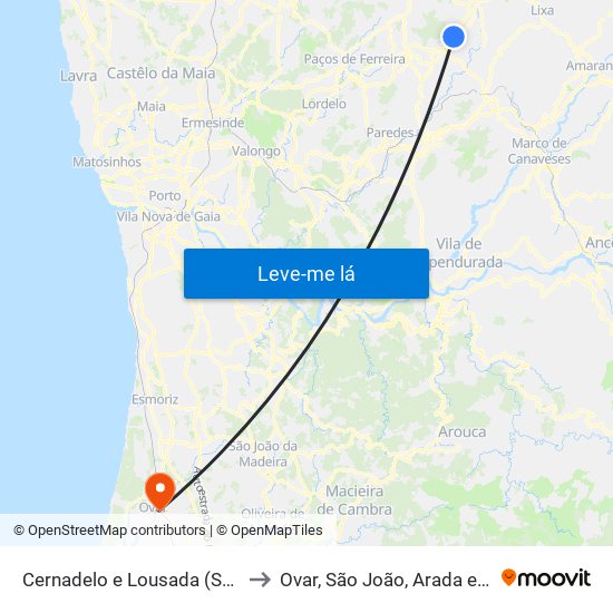 Cernadelo e Lousada (São Miguel e Santa Margarida) to Ovar, São João, Arada e São Vicente de Pereira Jusã map
