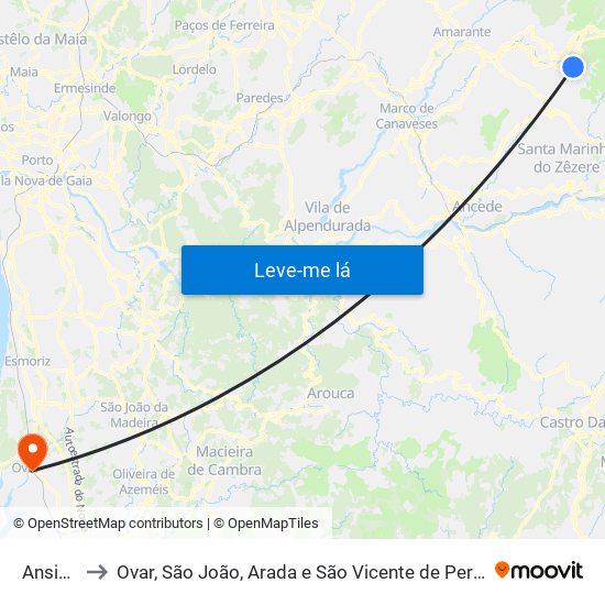 Ansiāes to Ovar, São João, Arada e São Vicente de Pereira Jusã map