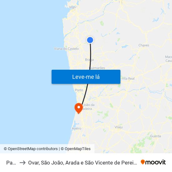 Paçô to Ovar, São João, Arada e São Vicente de Pereira Jusã map