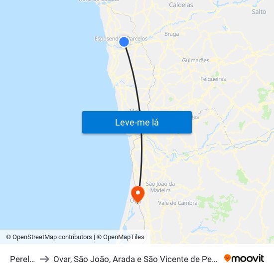 Perelhal to Ovar, São João, Arada e São Vicente de Pereira Jusã map