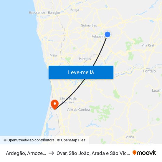 Ardegão, Arnozela e Seidões to Ovar, São João, Arada e São Vicente de Pereira Jusã map