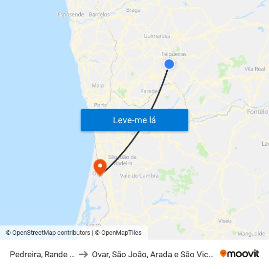Pedreira, Rande e Sernande to Ovar, São João, Arada e São Vicente de Pereira Jusã map