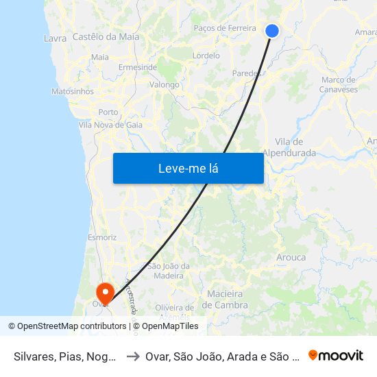Silvares, Pias, Nogueira e Alvarenga to Ovar, São João, Arada e São Vicente de Pereira Jusã map