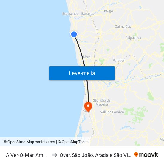 A Ver-O-Mar, Amorim e Terroso to Ovar, São João, Arada e São Vicente de Pereira Jusã map