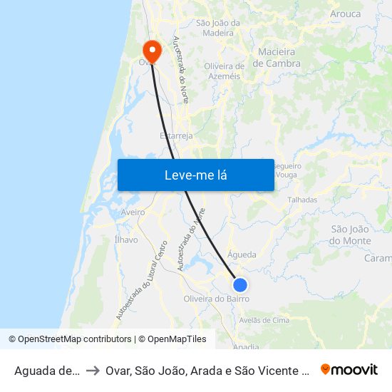 Aguada de Cima to Ovar, São João, Arada e São Vicente de Pereira Jusã map