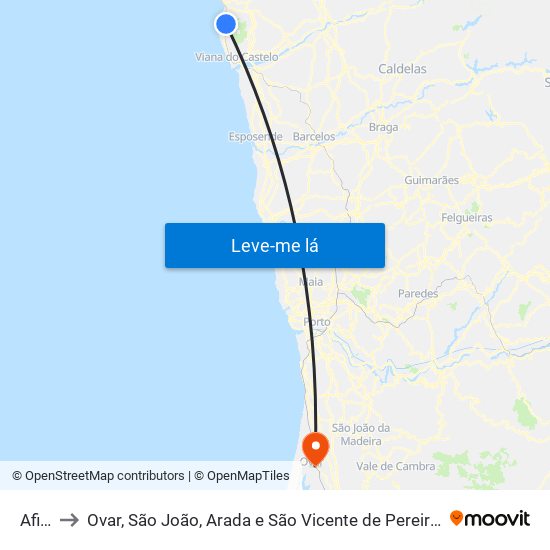 Afife to Ovar, São João, Arada e São Vicente de Pereira Jusã map