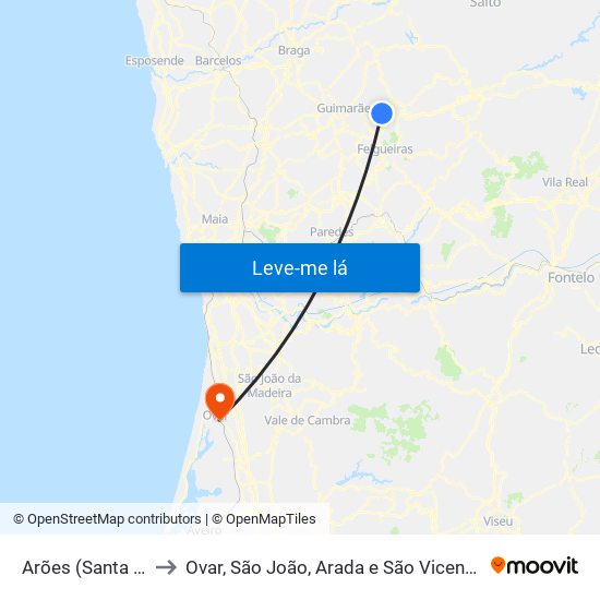 Arões (Santa Cristina) to Ovar, São João, Arada e São Vicente de Pereira Jusã map