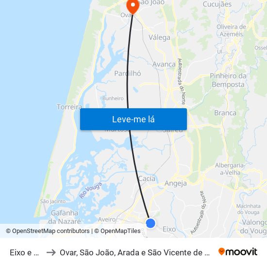 Eixo e Eirol to Ovar, São João, Arada e São Vicente de Pereira Jusã map