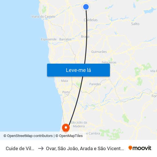 Cuide de Vila Verde to Ovar, São João, Arada e São Vicente de Pereira Jusã map