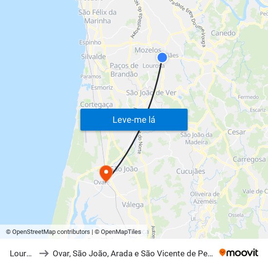 Lourosa to Ovar, São João, Arada e São Vicente de Pereira Jusã map