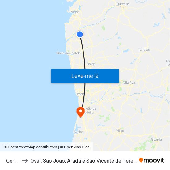 Cerdal to Ovar, São João, Arada e São Vicente de Pereira Jusã map