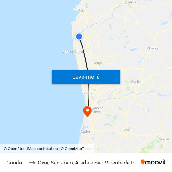 Gondarém to Ovar, São João, Arada e São Vicente de Pereira Jusã map