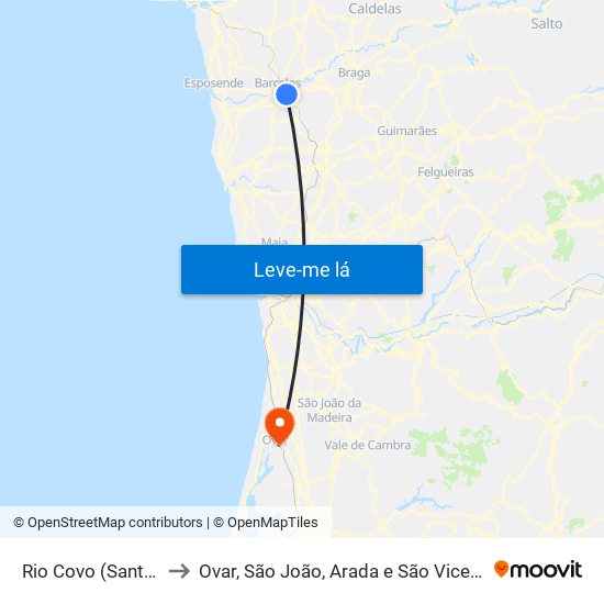 Rio Covo (Santa Eugénia) to Ovar, São João, Arada e São Vicente de Pereira Jusã map