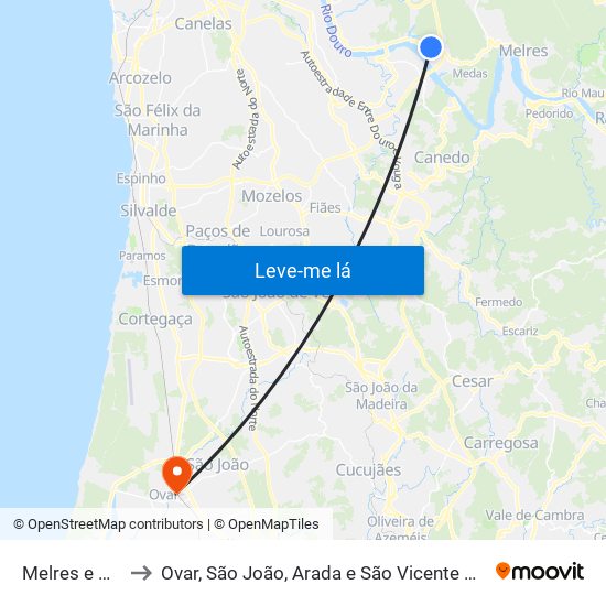 Melres e Medas to Ovar, São João, Arada e São Vicente de Pereira Jusã map