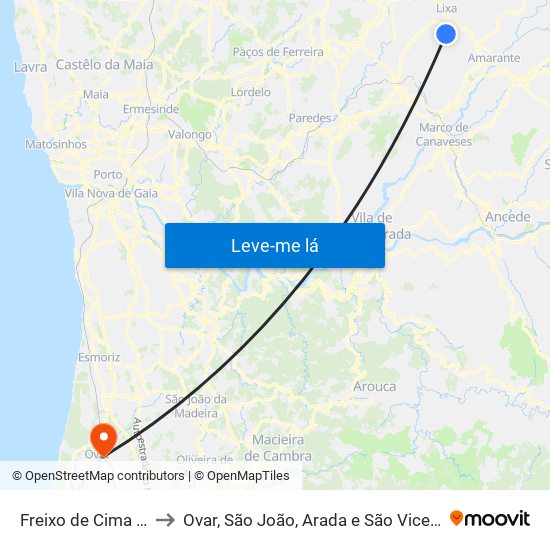 Freixo de Cima e de Baixo to Ovar, São João, Arada e São Vicente de Pereira Jusã map
