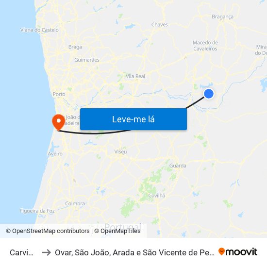 Carviçais to Ovar, São João, Arada e São Vicente de Pereira Jusã map