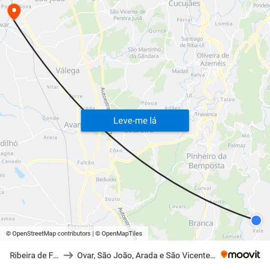 Ribeira de Fráguas to Ovar, São João, Arada e São Vicente de Pereira Jusã map