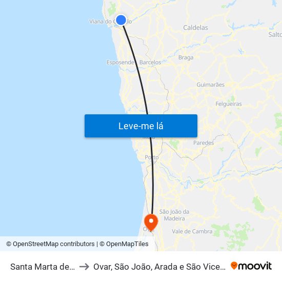 Santa Marta de Portuzelo to Ovar, São João, Arada e São Vicente de Pereira Jusã map