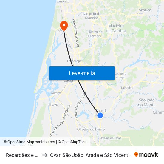 Recardães e Espinhel to Ovar, São João, Arada e São Vicente de Pereira Jusã map